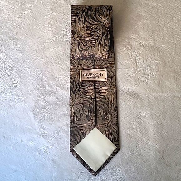 Vintage Givenchy Monsieur Designer Luxury 100% Silk Tie Abstract Palm Brown - Picture 2 of 11